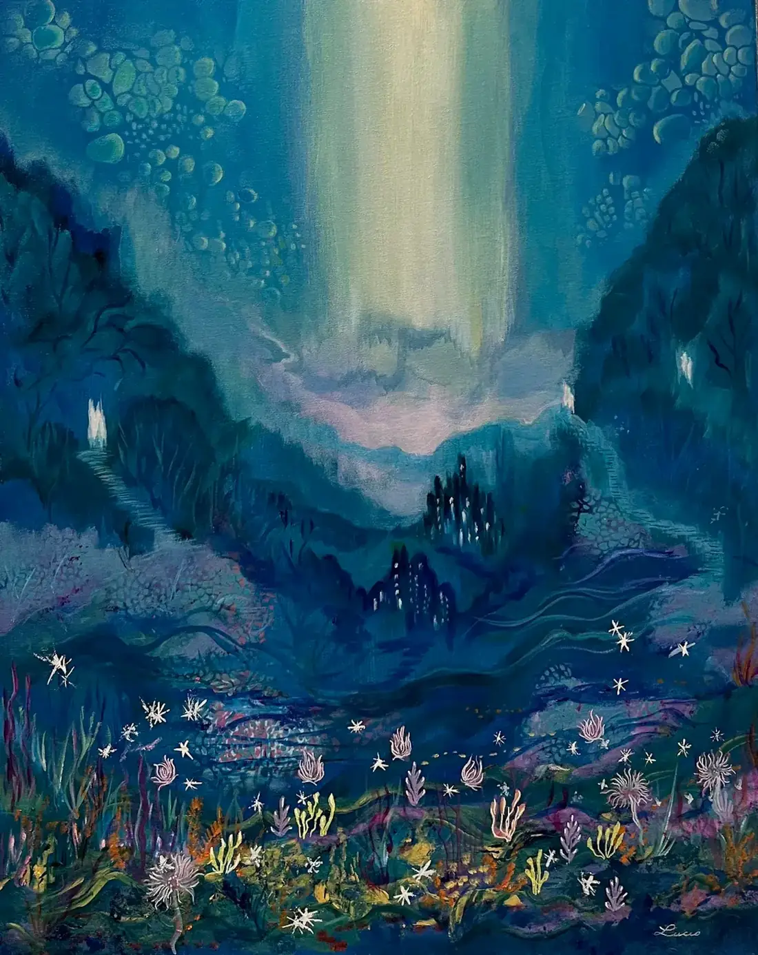 Cosmos, terre et mer, Acrylique sur toile de Lucie Rochon (Lucro)