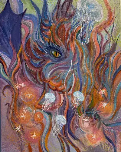Le dragon et les méduses, Acrylique sur toile de Lucie Rochon (Lucro)